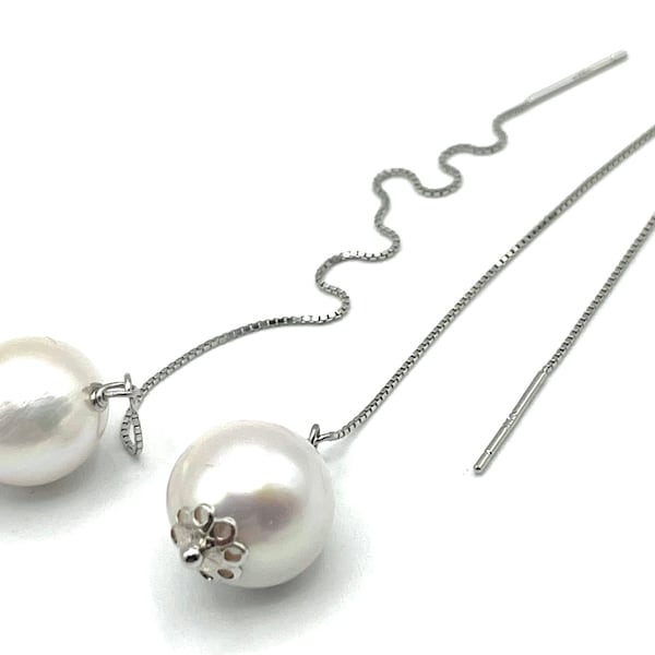 Pearl Threader Earrings, 925 Sterling Silver, Freshwater White Pearl Earrings, Dainty Jewelry, Minimalist Style, Uk Bridesmaid Gift, Bijoux