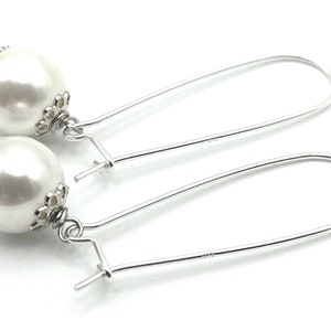 White Pearl Drop Earrings, 925 Sterling Silver Long Dangle, Everyday Jewelry, Contemporary Style, Uk Women's Fashion Jewels, Made in Italy image 7