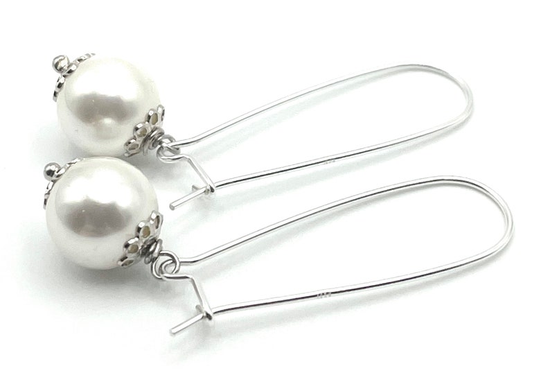 White Pearl Drop Earrings, 925 Sterling Silver Long Dangle, Everyday Jewelry, Contemporary Style, Uk Women's Fashion Jewels, Made in Italy image 7