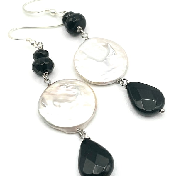 Black Agate Earrings with Freshwater White Pearls, Long Dangle Earrings, Sterling Silver, Gemstone Jewelry, Uk Gift for Her, Made in Italy