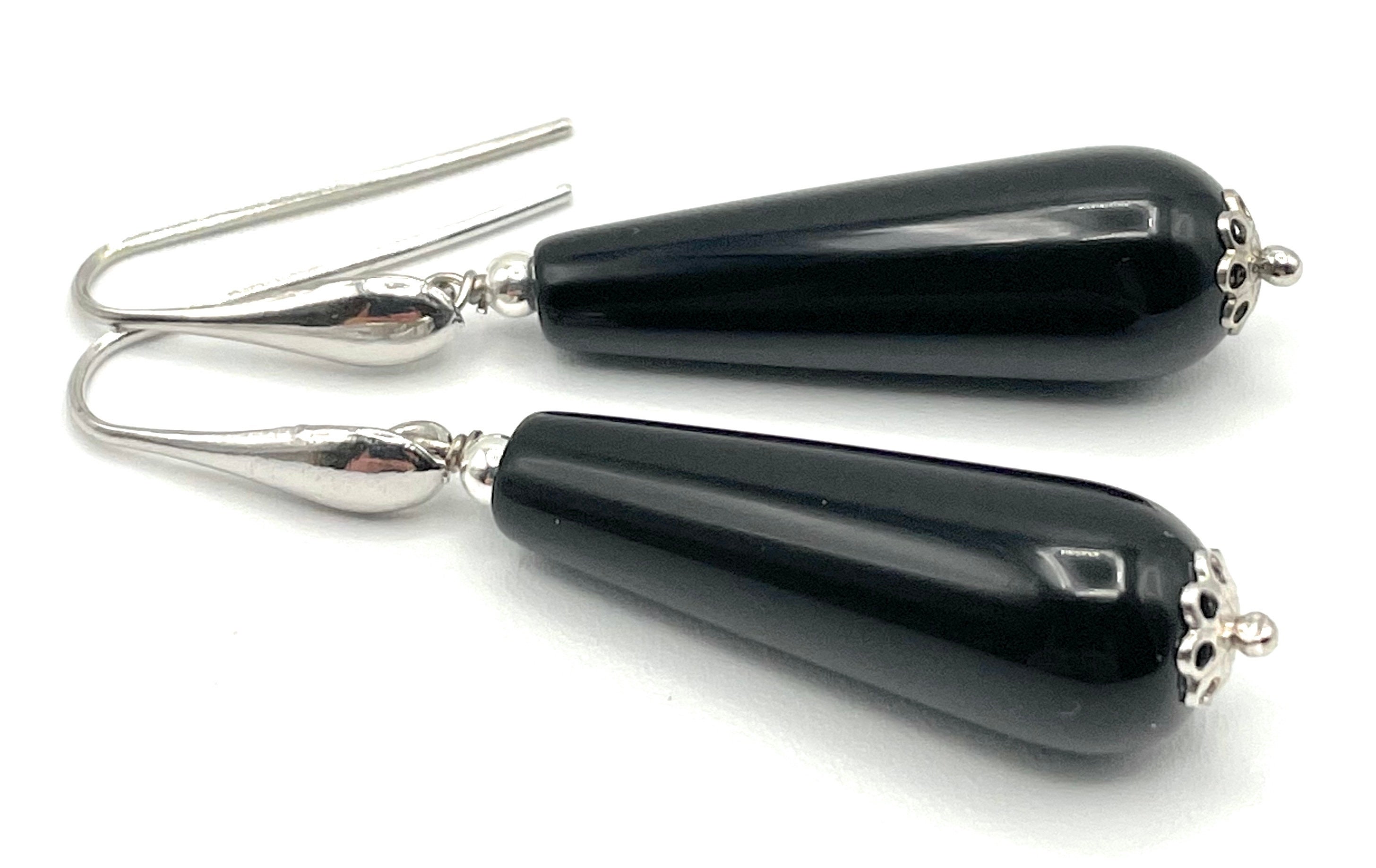 Orecchini Lunghi A Goccia In Argento 925 E Onice Nero Naturale, Pendenti Con Ematite Grigia – Made In Italy, 8,7 Cm