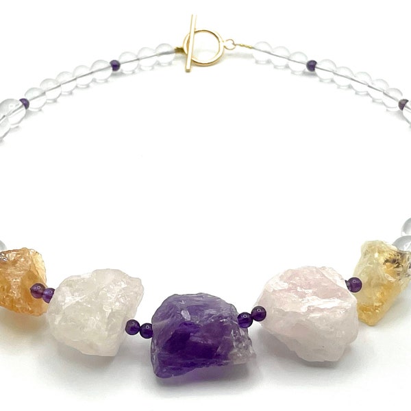 Raw Gemstone Necklace, Collar with Quartz Amethyst Citrine, Chunky Stone Choker, Statement Jewellery, Healing Crystals, Uk Gift for Women