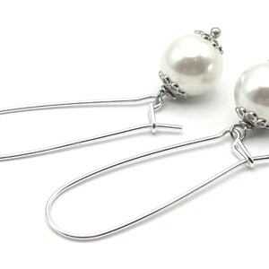White Pearl Drop Earrings, 925 Sterling Silver Long Dangle, Everyday Jewelry, Contemporary Style, Uk Women's Fashion Jewels, Made in Italy image 3
