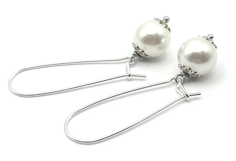 White Pearl Drop Earrings, 925 Sterling Silver Long Dangle, Everyday Jewelry, Contemporary Style, Uk Women's Fashion Jewels, Made in Italy image 3