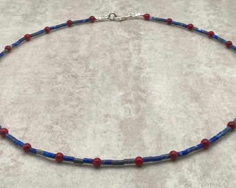 Dainty Lapis Lazuli Necklace, Red Coral Choker, Delicate Collar, Modern Gemstone Jewelry, Uk Gift for Women, Italian Bijoux, Made in Italy