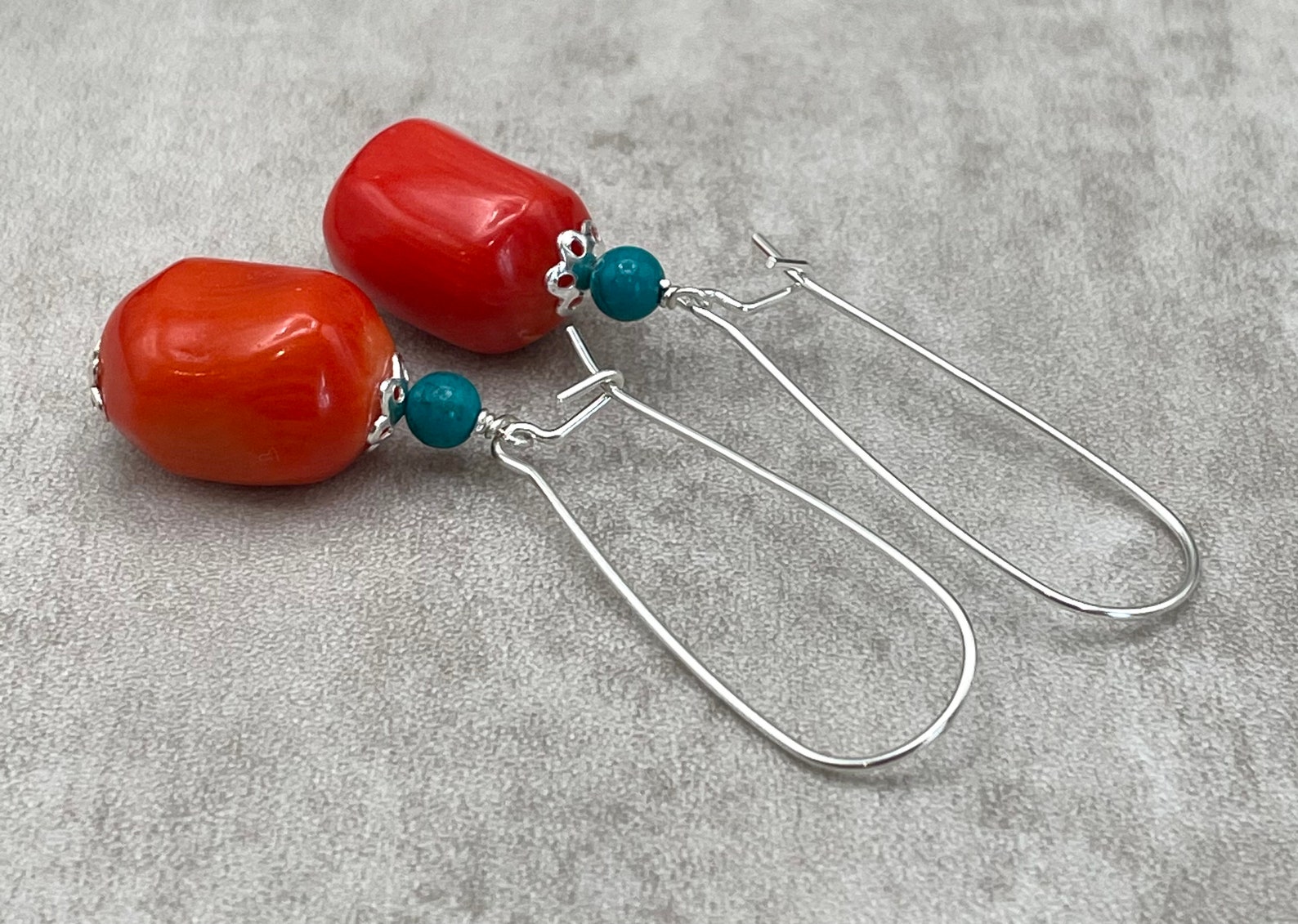 Orange Coral Earrings With Turquoise 925 Sterling Silver Long Etsy UK