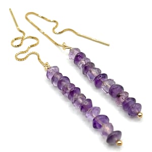 Delicados pendientes de amatista ensartados, largos en oro vermeil, joyas con piedras preciosas, cristales curativos, piedra natal de febrero, regalo para ella en el Reino Unido.