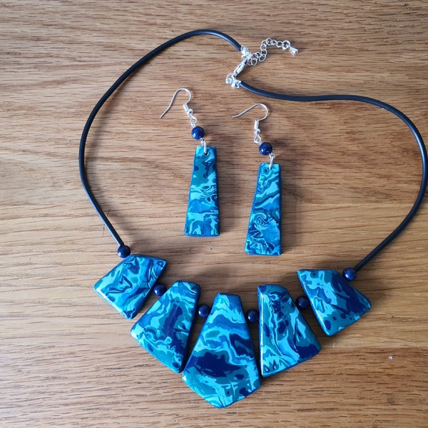 Unique Handmade Cleopatra Style Necklace and Earrings in Shades of Emerald, Navy and Blue