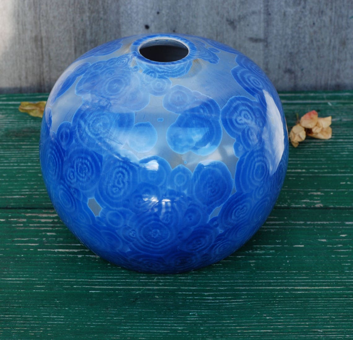 Dark Blue Crystalline Glazed Round Shaped Vase With a Unique Etsy