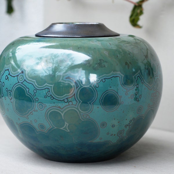 Ceramic urns for human ashes, 10% discounted urn, green cremation urns, decorative urns, crystalline pottery, keepsake urn.