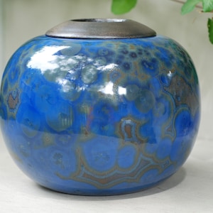 Blue cremation urn, urns for human ashes, ceramic urn, decorative urns, candle urns, memorial urns, crystalline pottery.