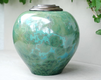 Large Crystalline Pottery Cremation Urn: Green Memorial Keepsake