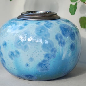 Urns for human ashes, large cremation urns,  blue ceramic urn, decorative urns, crystalline pottery.