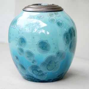 Turquoise Crystalline Pottery Cremation Urn: Hand-Carved Ceramic