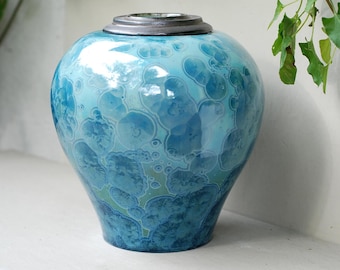 Full-Size Turquoise Cremation Urn: 15% Discounted Candle Urn for Human Ashes.