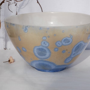 Crystalline pottery salad bowl, yellow crystal pottery bowl, crystalline stoneware, crystal ceramic bowl, kitchen decor, yellow ceramic.