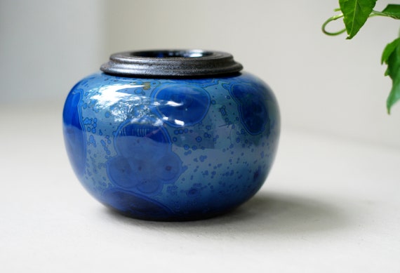 Small Crystalline Pottery Cremation Urn: Blue Decorative Urn