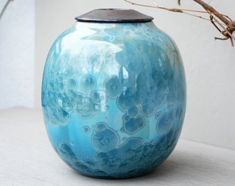 Urns for human ashes, crystalline pottery, blue cremation urns, round decorative urns, memorial urn, unique funeral urn.