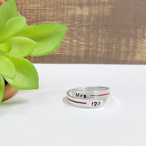 Fire Fighter Wrap Ring- Custom 1/8" Badge Number Ring - Thin Red line Wrap Ring - Fire Fighter wife Ring - Fireman Wife Wrap Ring
