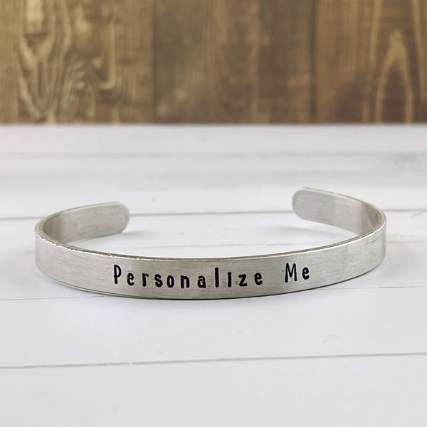 Personalized Hand Stamped Aluminum Cuff Bracelets - Customized Silver Cuff - Bridesmaid Gift - Birthday Gift - Skinny 1/4" Cuff Bracelets