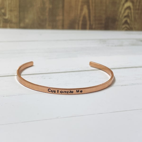 Personalized Hand Stamped Copper Cuff Bracelets - Customized Rose Gold Cuff, Skinny 1/8" Bracelets - Gift for Mom - Bridesmaid Gift