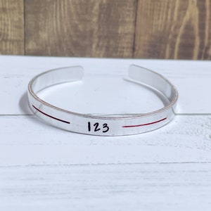 Personalized Thin Red line Hand Stamped Cuff Bracelets - Customized Cuff - Skinny 1/4" Cuff Bracelets - Fire fighter bracelet