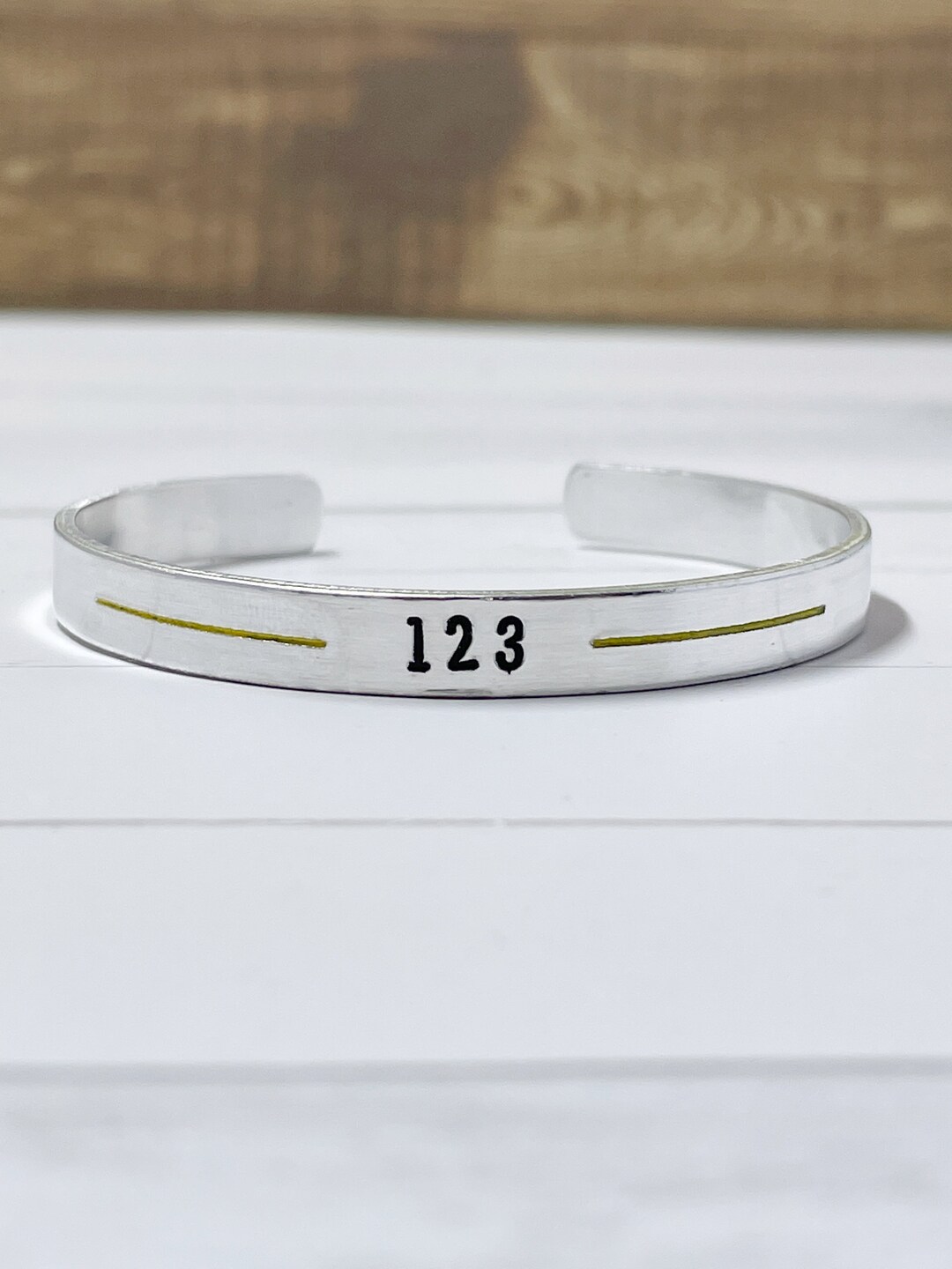 Personalized Thin Gold Line Bracelet Custom Badge Number Cuff