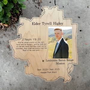Personalized LDS Missionary Plaque with Photo, Scripture, Mission Name & Dates - Custom Wooden Plaque in Mission Boundary Shape