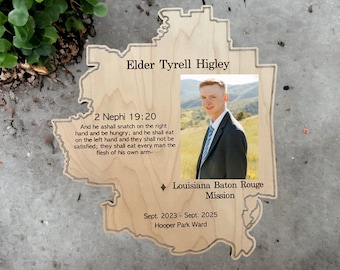 Personalized LDS Missionary Plaque with Photo, Scripture, Mission Name & Dates - Custom Wooden Plaque in Mission Boundary Shape