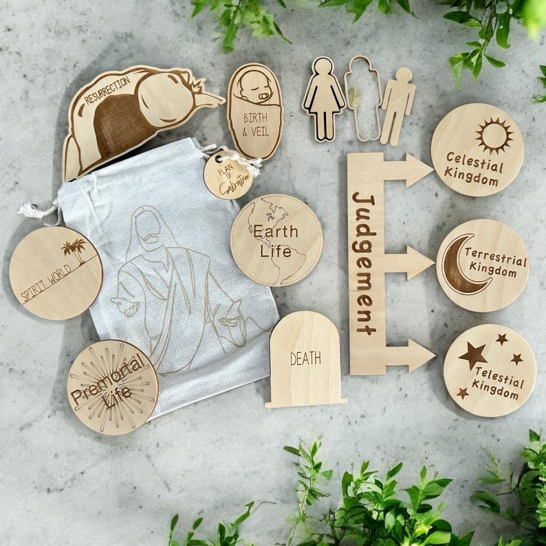 May include: Wooden cutouts illustrating the Plan of Salvation, including the premortal life, spirit world, earth life, death, judgement, celestial kingdom, terrestrial kingdom, and telestial kingdom. The cutouts are arranged in a timeline format.