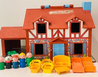 May include: Vintage Fisher-Price Little People playhouse with red roof, blue door, and accessories. Includes furniture and Little People figures. The playhouse has a garage and a chimney. The house is made of plastic and has a stone facade.