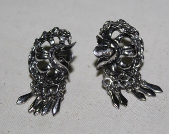 Vintage Silver Tone Flower Floral Chain Wreath Dangle Drop Chunky Tassel Leaf Stud Earrings Converted From Screw Back Earring