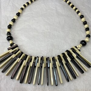 Vintage Bone Bead Bib Necklace: Black & White Tribal Boho Statement