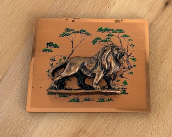Vintage Africa Copperama Plate Wall Art...3D Acrylic Lion Picture...Kitsch Mid Century Plaque...African Wall Art...Gallery Wall