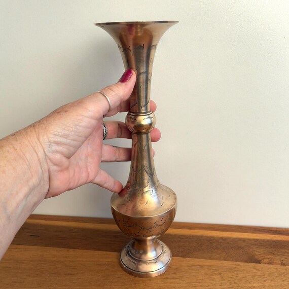 ハンドエッチング真鍮製花瓶大型ヴィンテージインド装飾高さ30cm