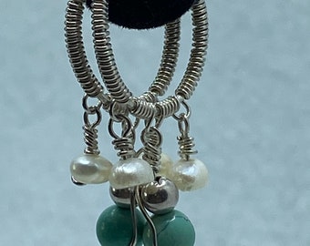 Sterling Silver Vintage Boho Pearl Turquoise Dangle Drop Chandelier Hoop Wire Earrings