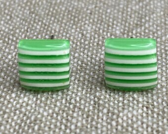 Vintage Green White Stripe Square Acrylic Petite Stud Earring