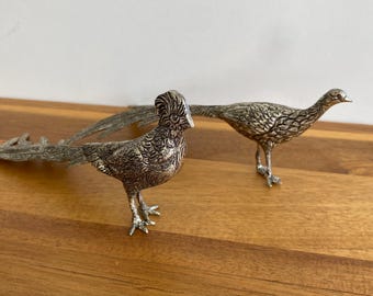 Couple De Faisans - Statuette Métal Argenté Ciselé - Déco Intérieur - TBE