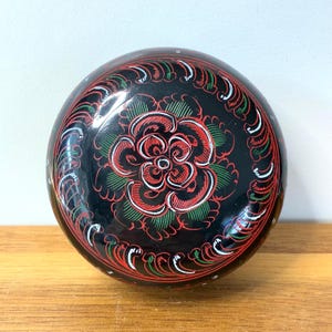 Vintage Hand Etched Lacquered Trinket Box: Red Floral Folk Art