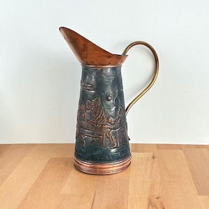 Vintage Fluted Copper And Brass Handled Pitcher...Antique Copper Jug...Rustic Decanter...Tavern Scene Copper Vase...Embossed Primitive Pot