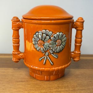 Vintage Signed Floral Orange Storage Ceramic Jar...Old Hobbyist Retro Storage Piece...Orange Brown Flower Lidded Box...1970's Home Decor