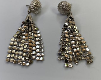 Vintage Silver Tone Dangle Drop Mesh 1970&#39;s inspired Waterfall Stud Earrings