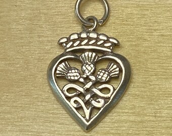 Vintage Scottish Sterling Silver Heart Shaped Celtic Three Thistle Plants Heart Crown Large Charm Small Pendant