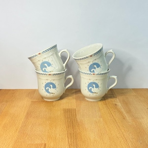 Country Geese Mugs...Set 4 Moonlight Coffee Cups...Geese Pink Heart Blue Checker Pattern Mugs...1980/90's Kitchenware...Cottage Core Home