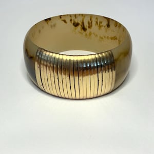 Vintage Faux Horn With Brass Wire Wrap Cuff...Natural Statement Wide Cuff...Chunky Bangle Bracelet...Translucent Brown Beige Cuff