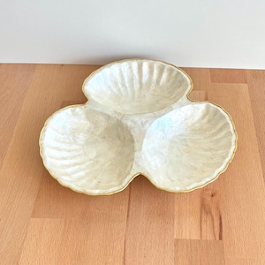 Vintage Handmade Capiz Shell Divided Platter...Brass Trim Sectional Tray..Vanity Or Trinket Tray...Iridescent Pearlescent Luxurious Catchall