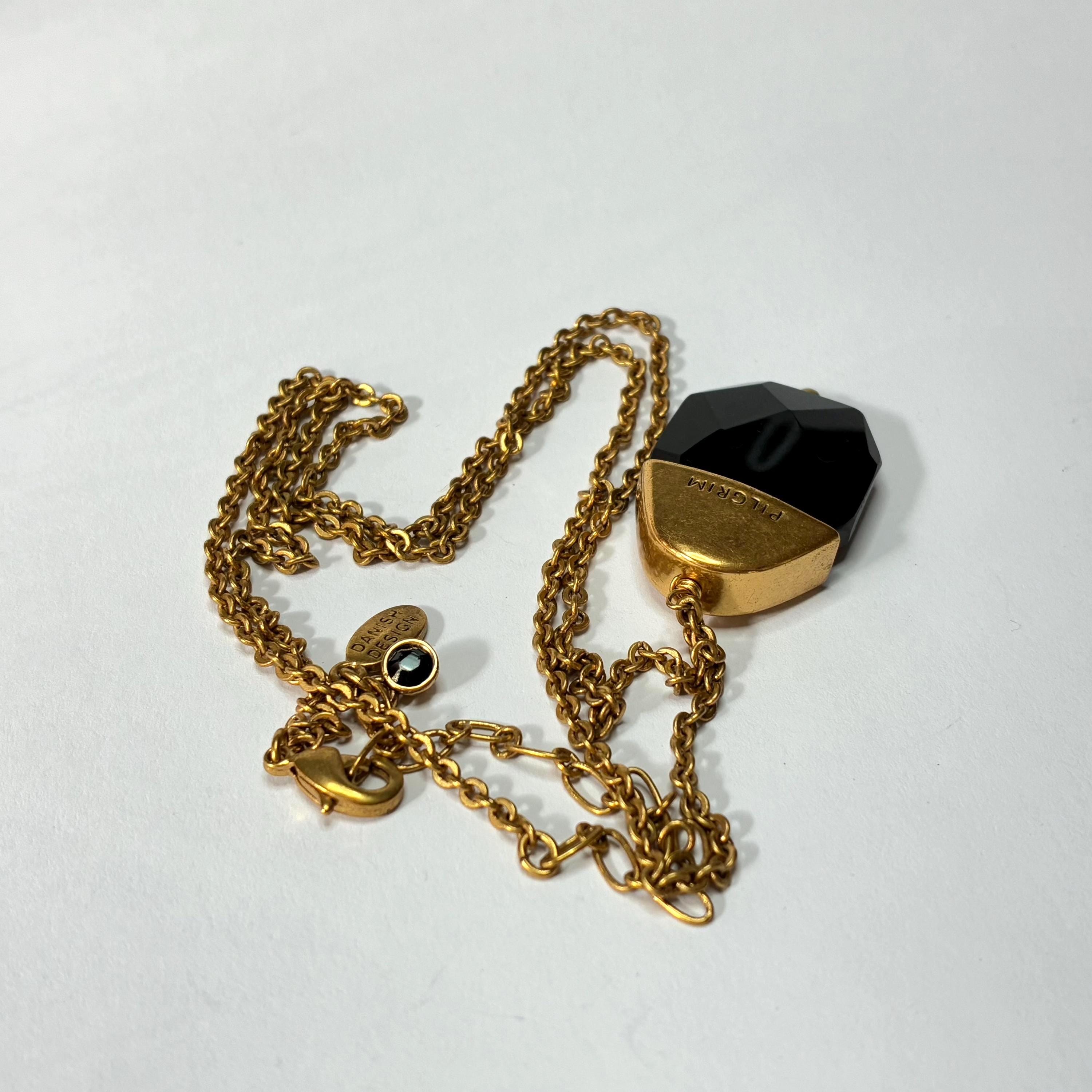 PILGRIM Black Faceted Glass Pendant Necklace Long Gold Tone