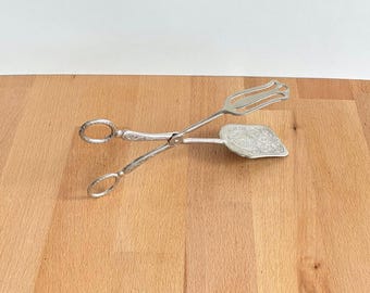 Pinças de servir em prata vintage estilo tesoura... Espátulas decorativas ornamentadas para bolos... Chá da tarde floral... Espátulas para alimentos em prata com relevo de arabescos