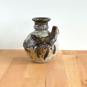 Studio Pottery Vase...Natural Earthy Glazed Grey Blue Hue Floral Abstract Pot...Handled Signed Drip Glaze Vase...Handmade Unique Shaped Vase