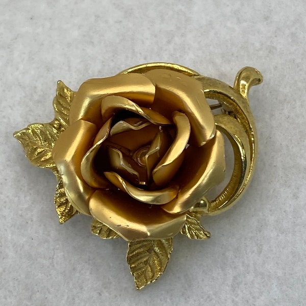 Vintage Gold Tone Large Rose Flower Gold Leaves 1950's Brooch Pin Retro Statement Unique